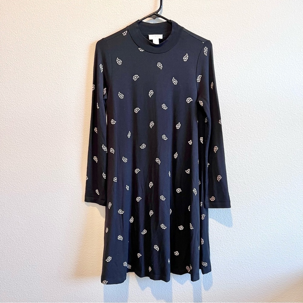 LOFT Outlet Paisley Lounge Dress Small Black Mock Neck Long Sleeve Comfy Casual